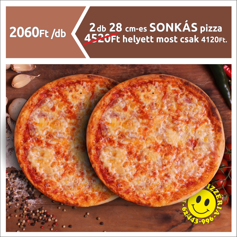 2 db 28 cm-es SONKÁS pizza 4520 Ft helyett most csak 4120 Ft.