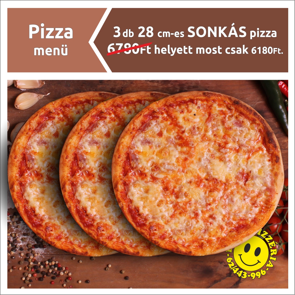 3 db 28 cm-es SONKÁS pizza 6780 Ft helyett most csak 6180 Ft.