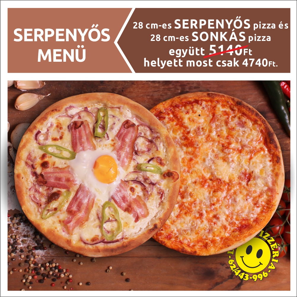 28 cm-es SERPENYŐS pizza és 28 cm-es SONKÁS pizza együtt 5140 Ft helyett most csak 4740 Ft.